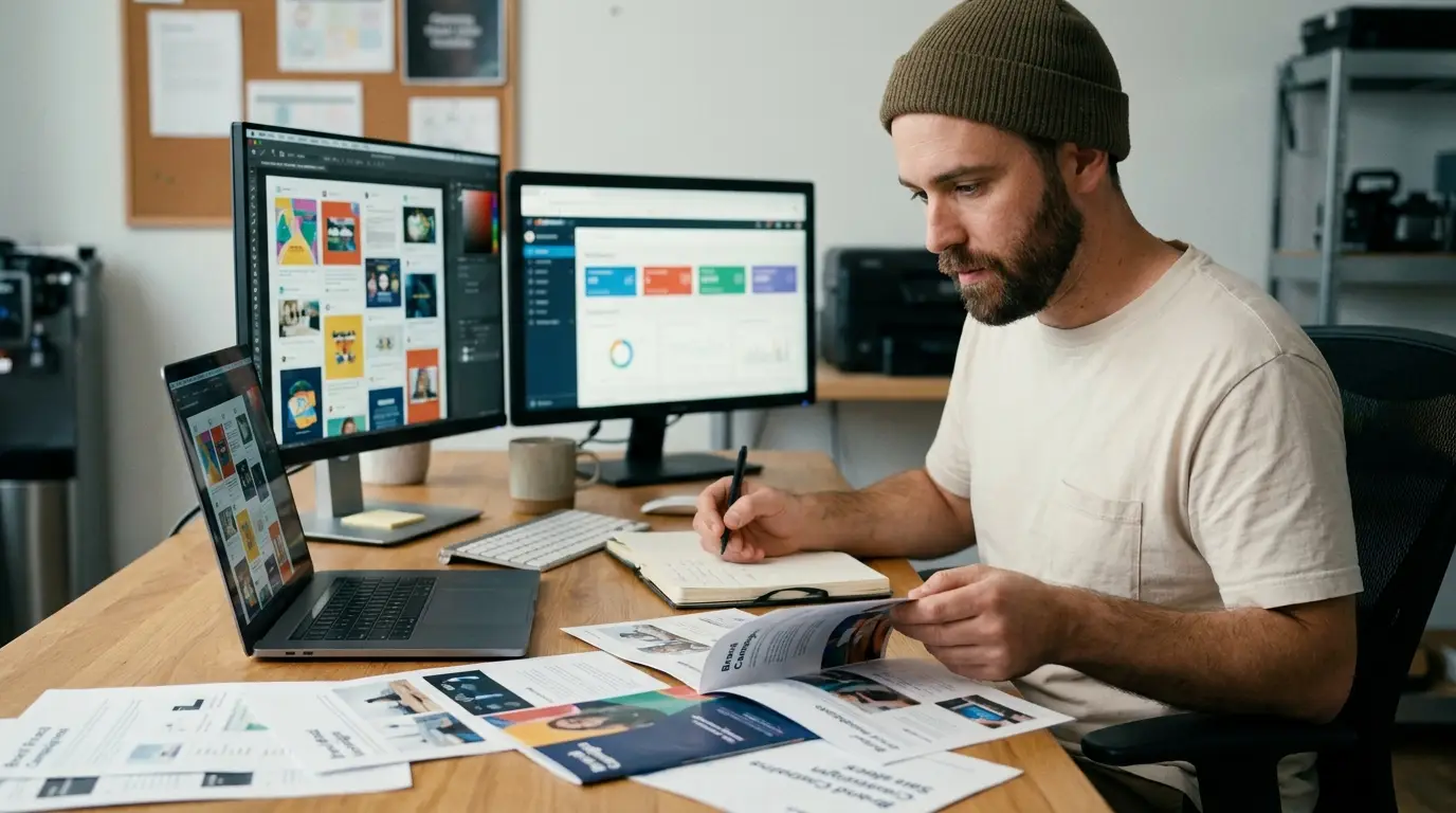 Creative marketing team reviewing brand campaign materials and advertising graphics