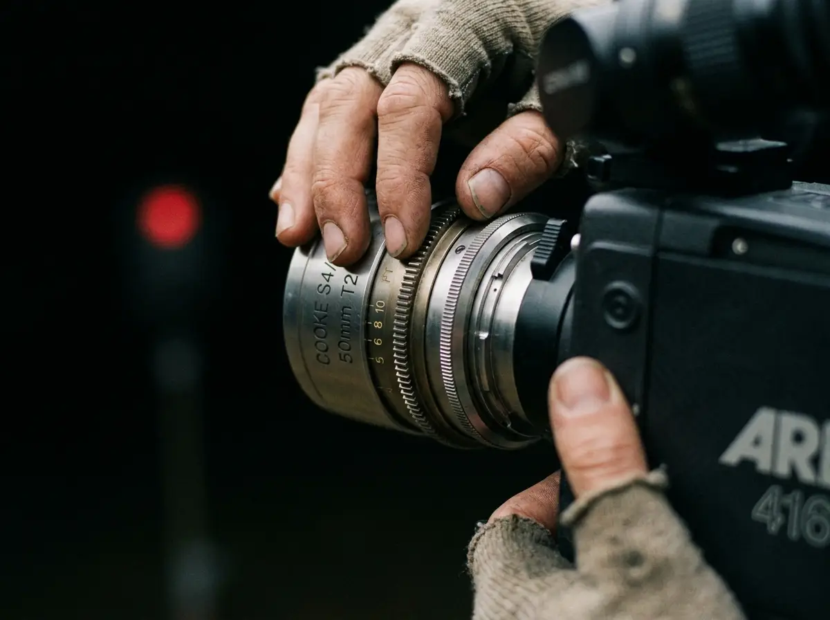 Filmmaker adjusting a professional cinema camera lens