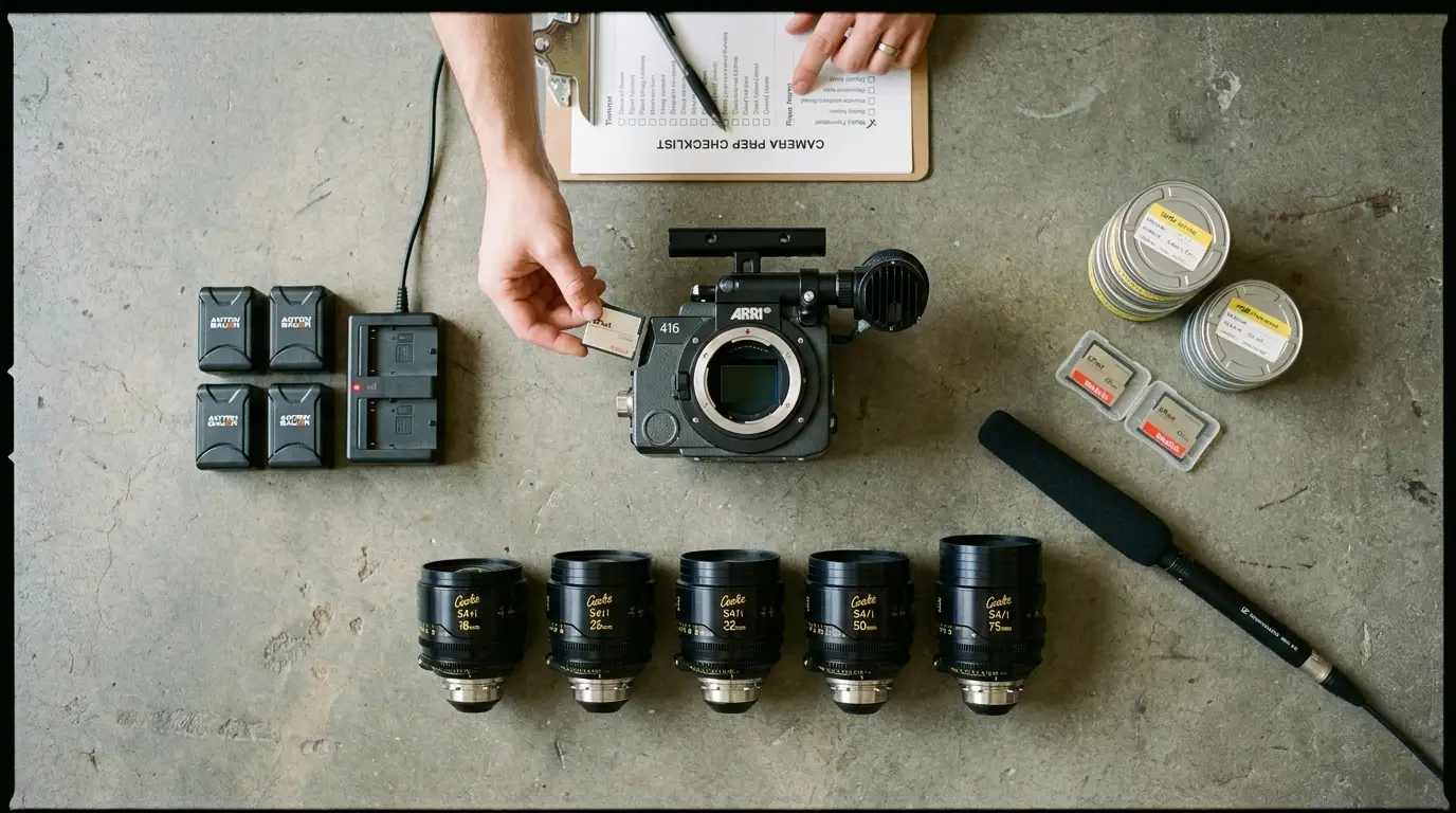 Professional video gear laid out and checked against a checklist before a shoot