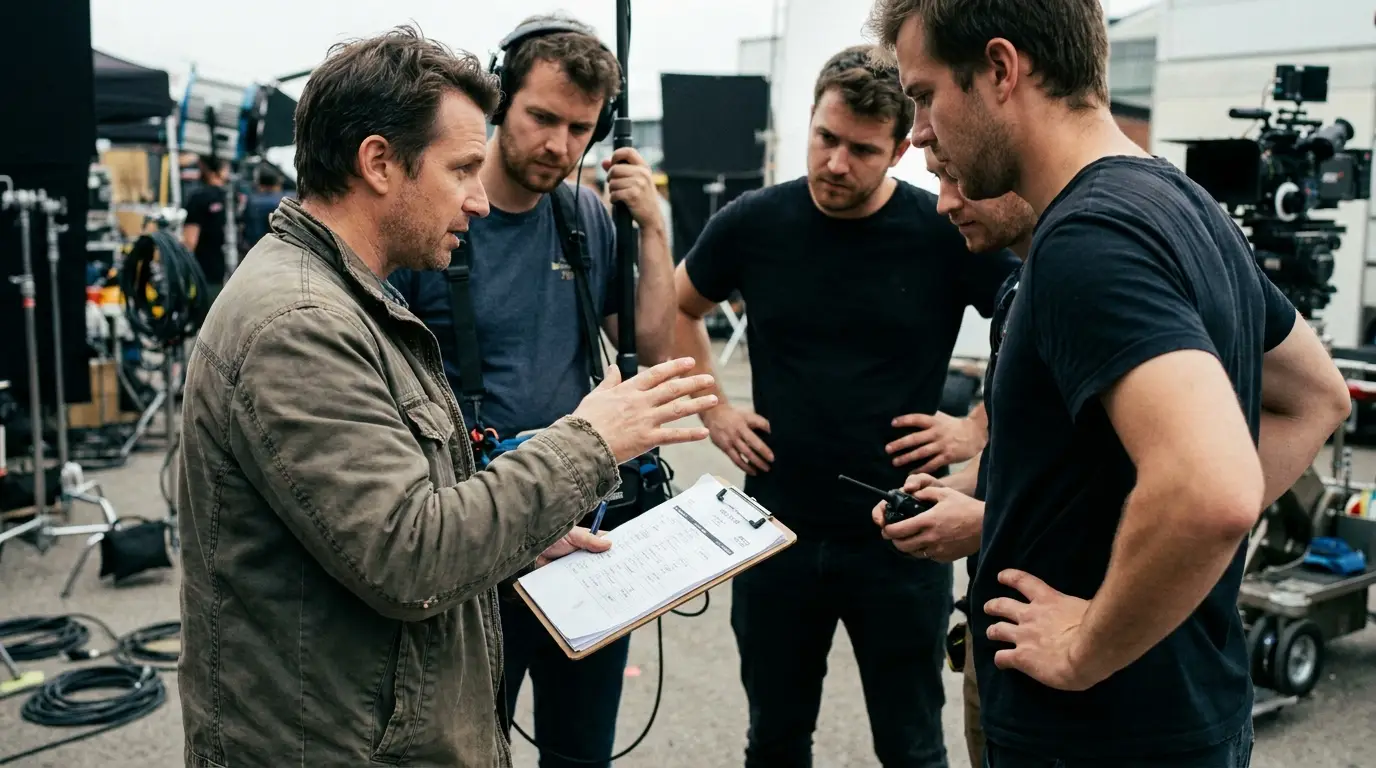 Small film crew reviewing a call sheet together before filming