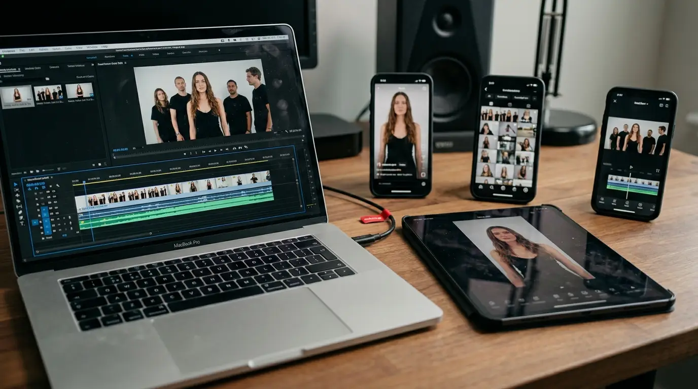 One video repurposed across a laptop, tablet, and phones