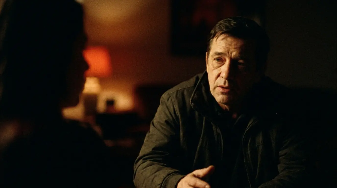 Dramatic low-key interview lighting carving the subject from shadow