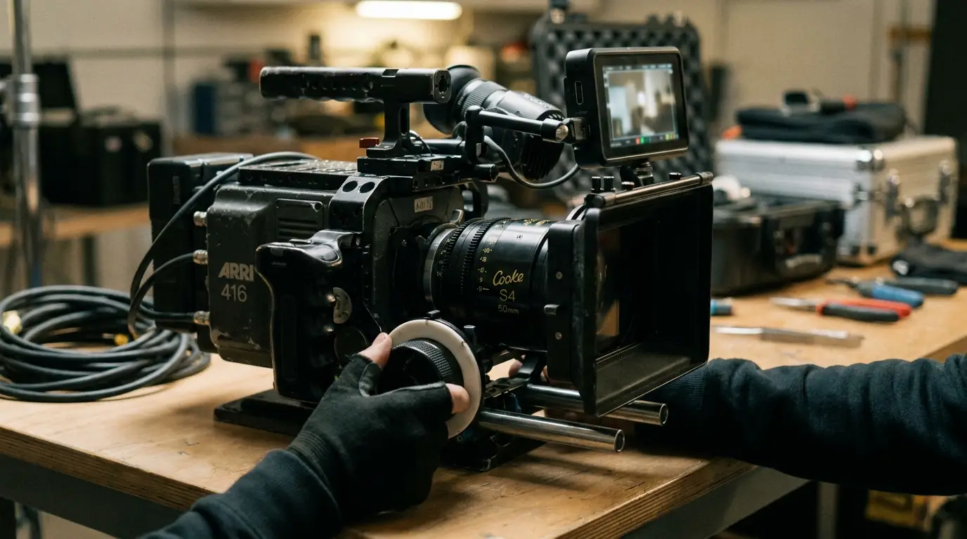 Cinema camera built up on a rig with monitor and accessories