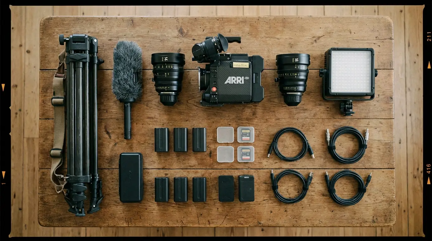 A complete essential video production gear kit laid out
