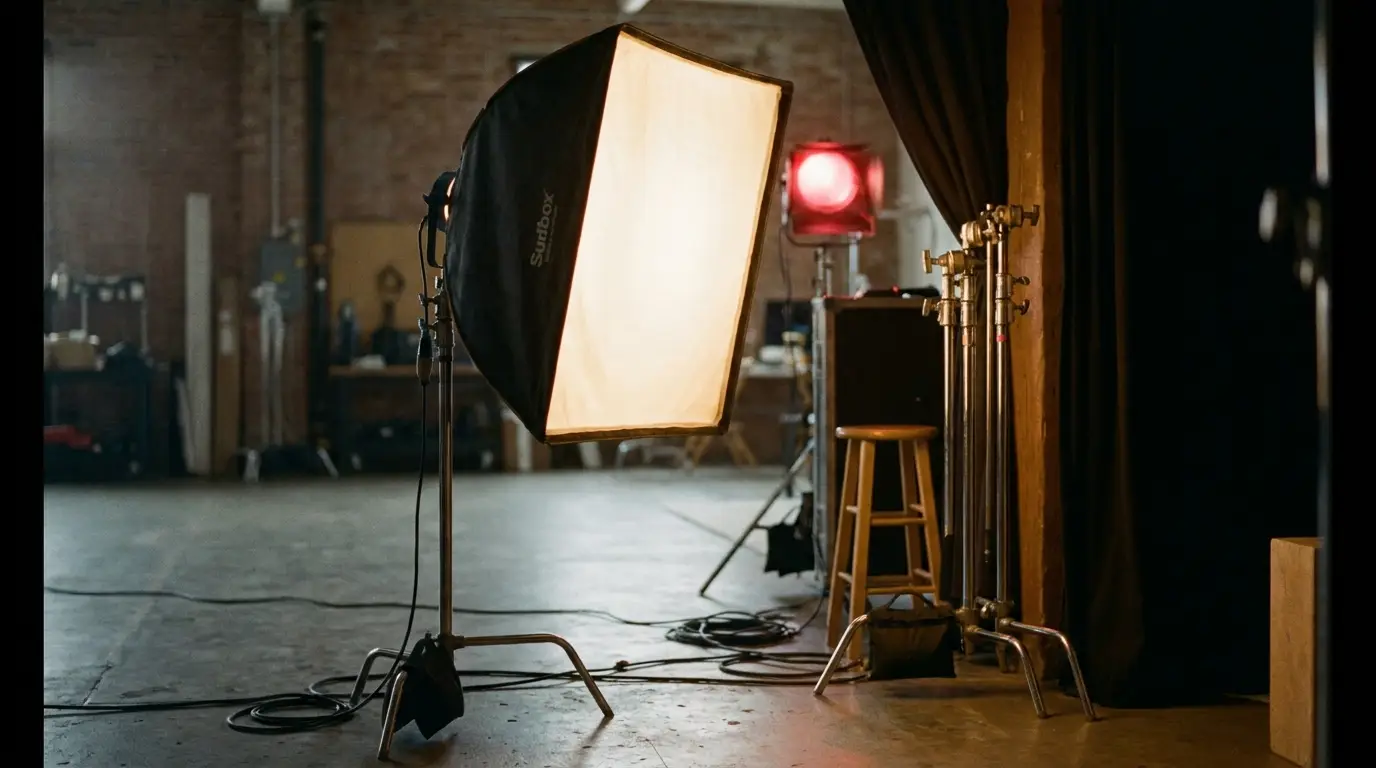 A glowing softbox modifier on a stand