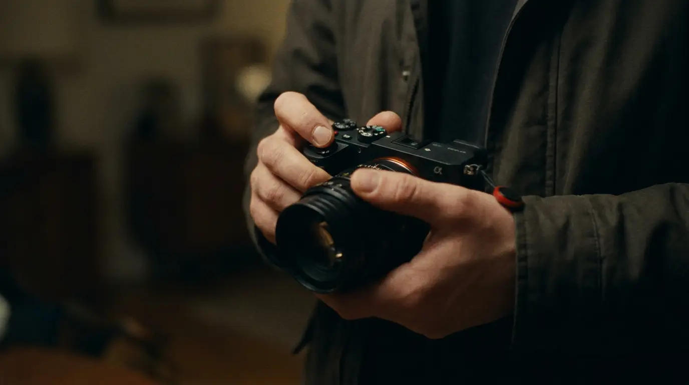 Hands holding a compact mirrorless starter camera