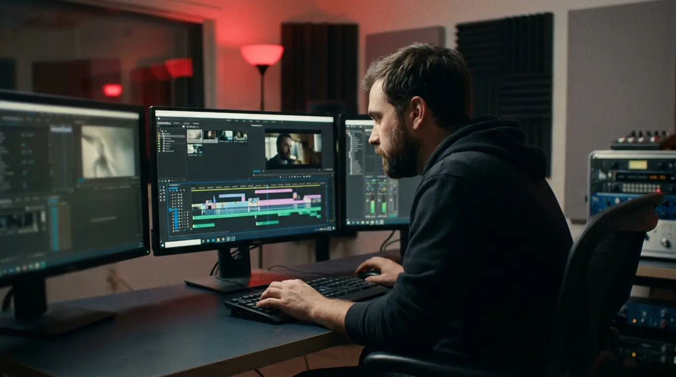 Video editor working at an editing suite