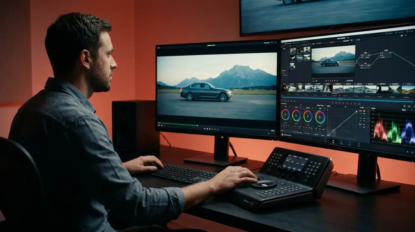 Post-production editing and color grading a commercial
