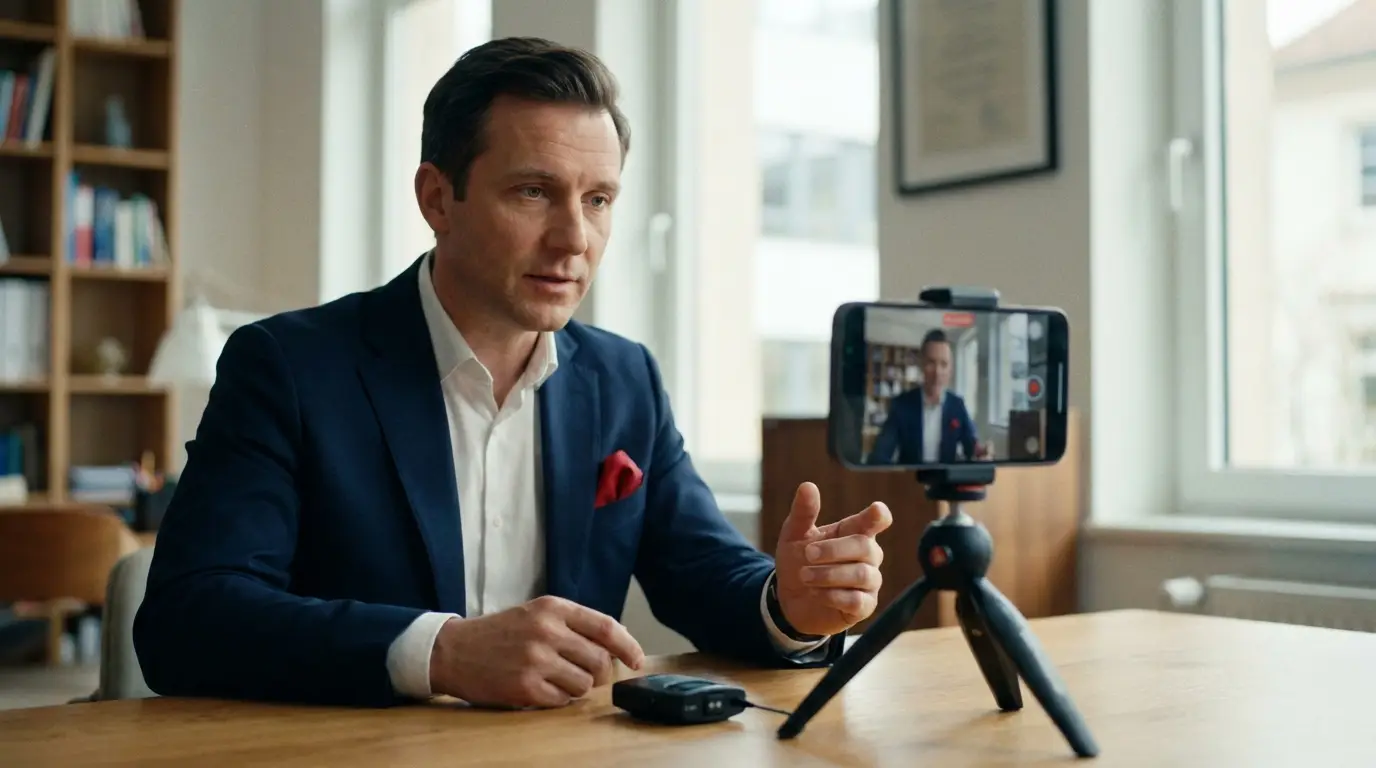 Business professional recording a video for LinkedIn